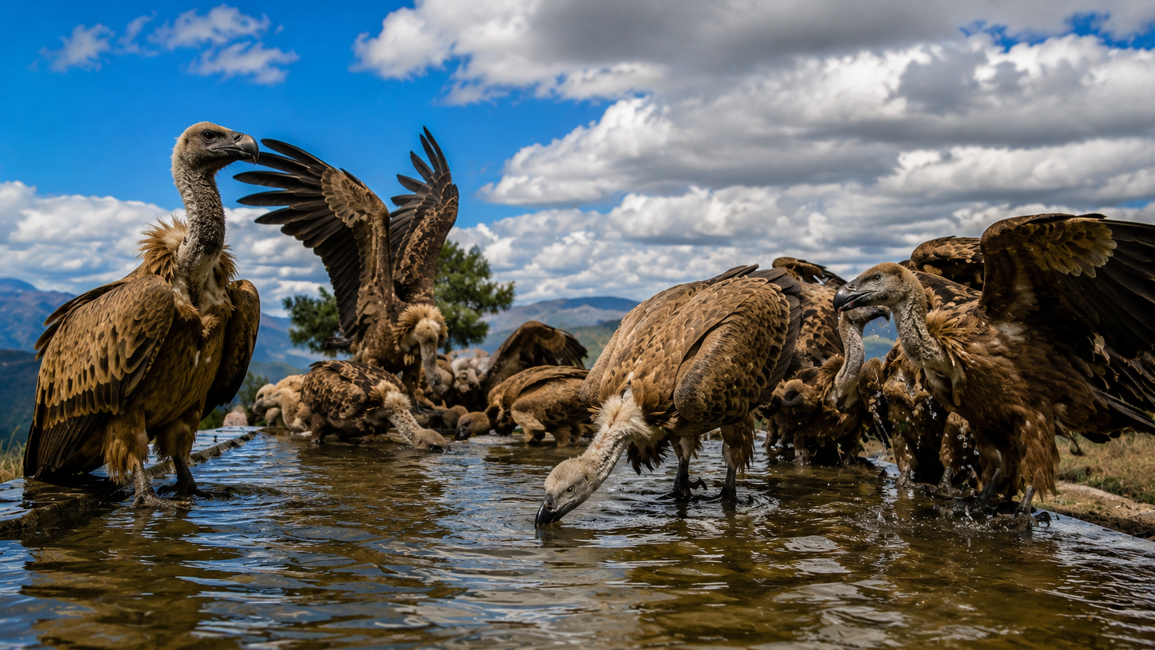 Grupo de buitres leonados bebiendo agua